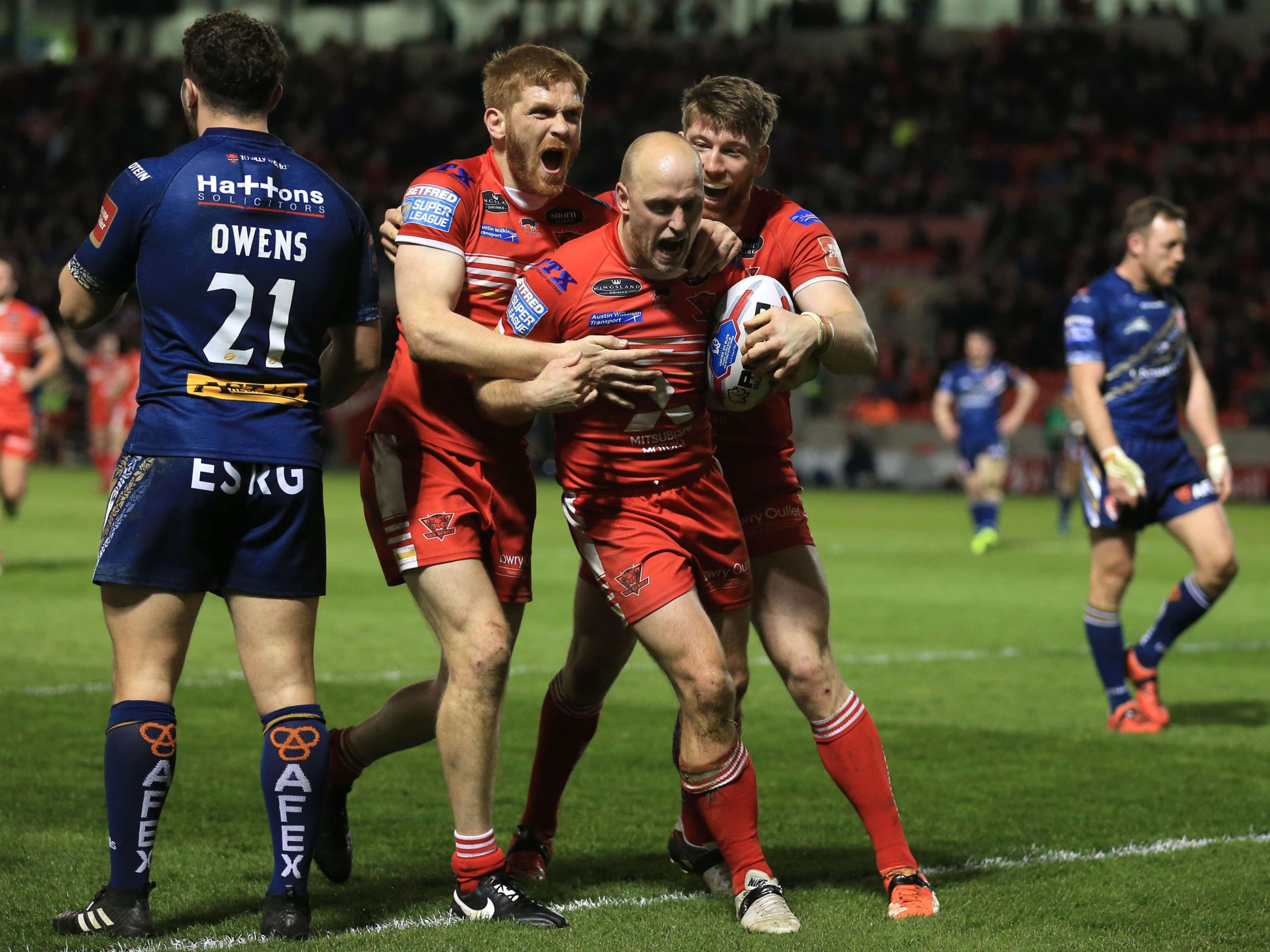 Skipper Michael Dobson celebrates one of his two tries