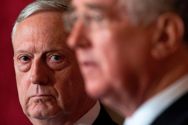 US Defence Secretary James Mattis and British Defence Secretary Sir Michael Fallon during a press conference in London on 31 March