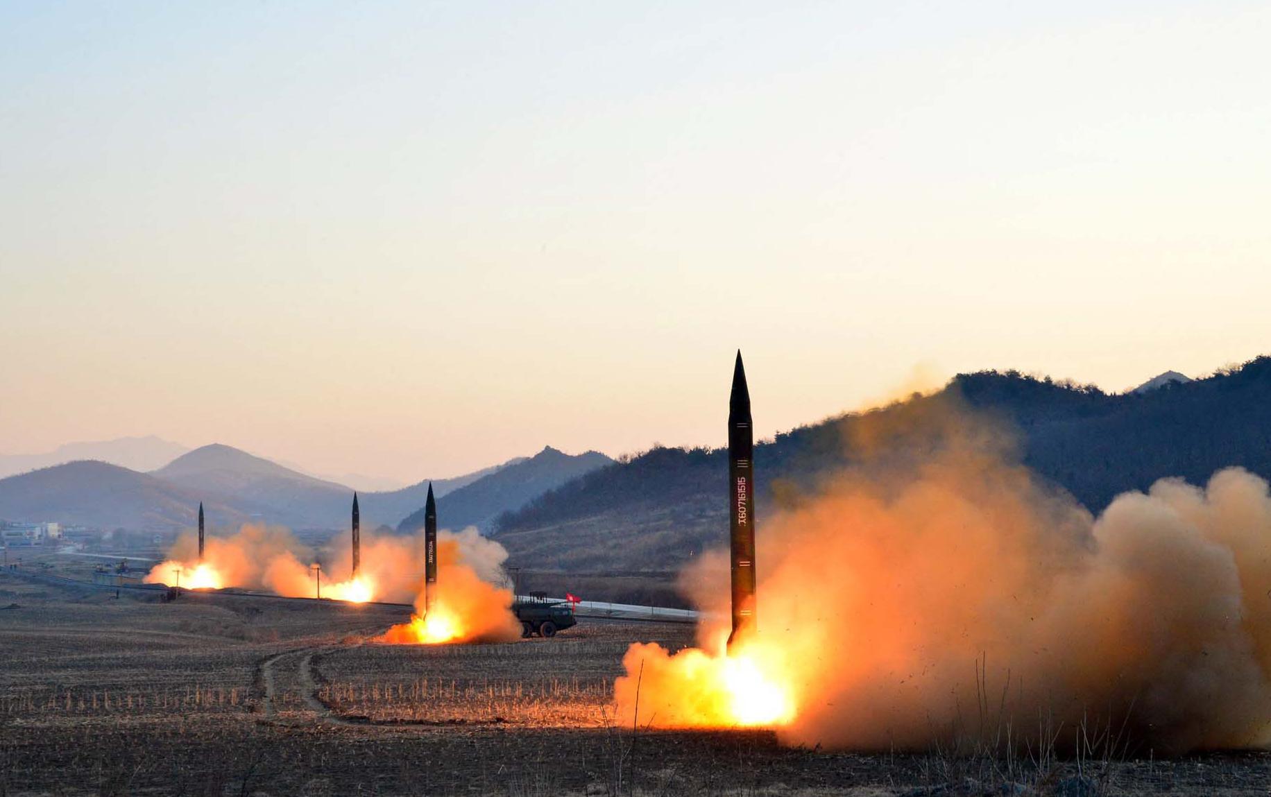 This undated picture released by North Korea's Korean Central News Agency (KCNA) via KNS on March 7, 2017 shows the launch of four ballistic missiles by the Korean People's Army (KPA) during a military drill at an undisclosed location in North Korea.