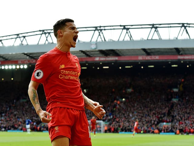 Coutinho celebrates putting Liverpool back in front after scoring his side's second