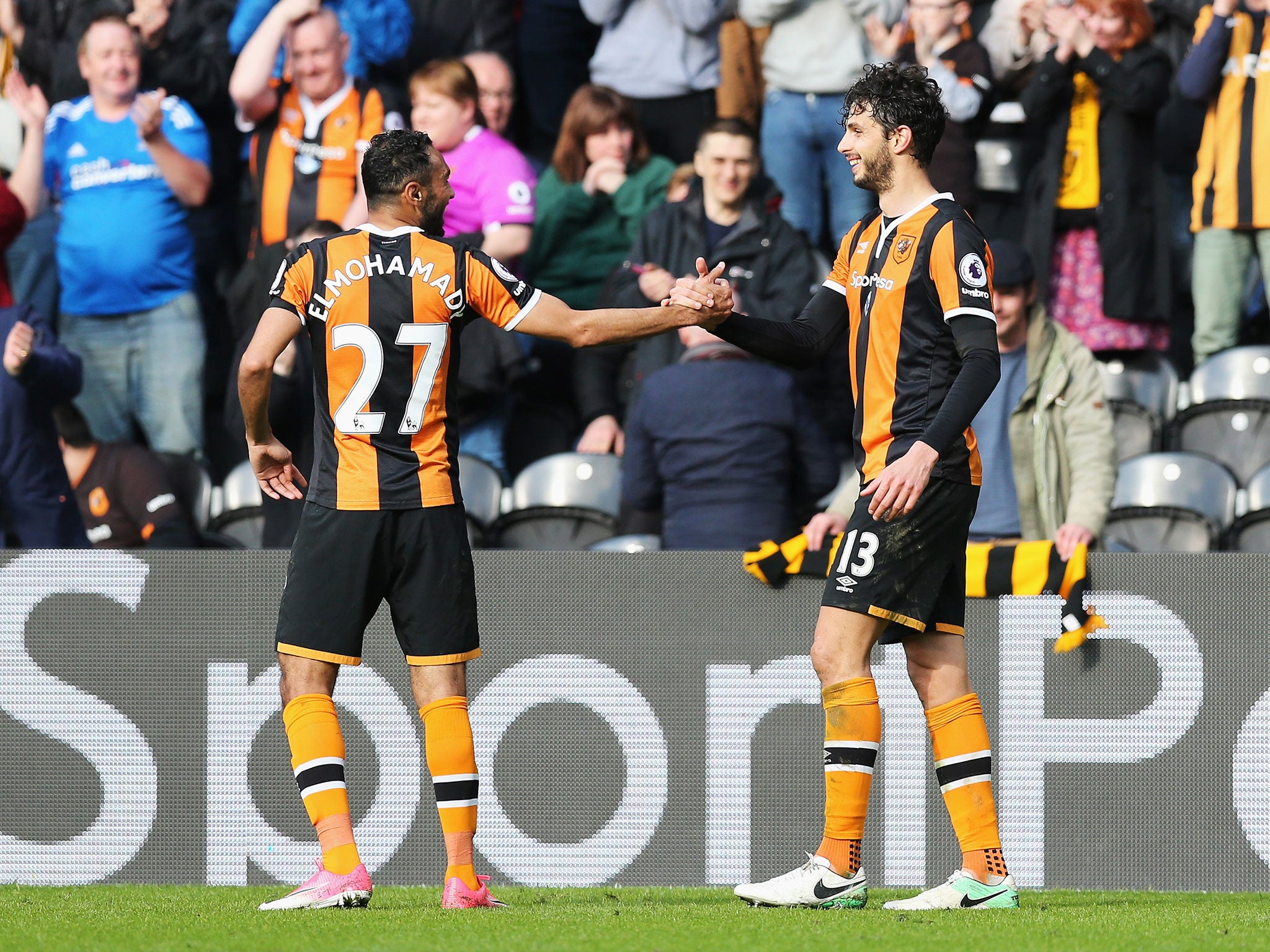 Andrea Ranocchia celebrates scoring his side's second goal with Ahmed Elmohamady