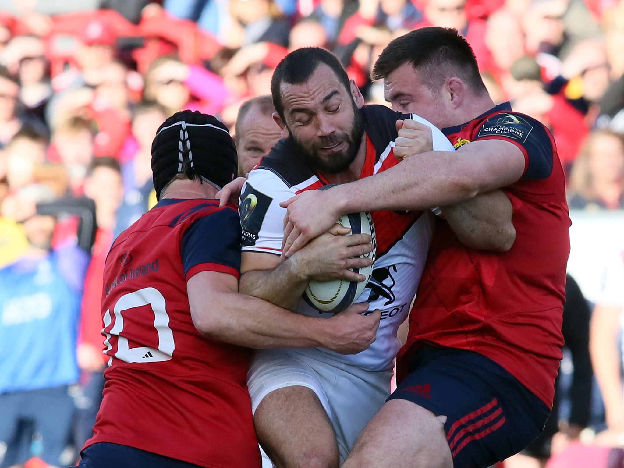 French fly-half Jean-Marc Doussain is stopped in his tracks