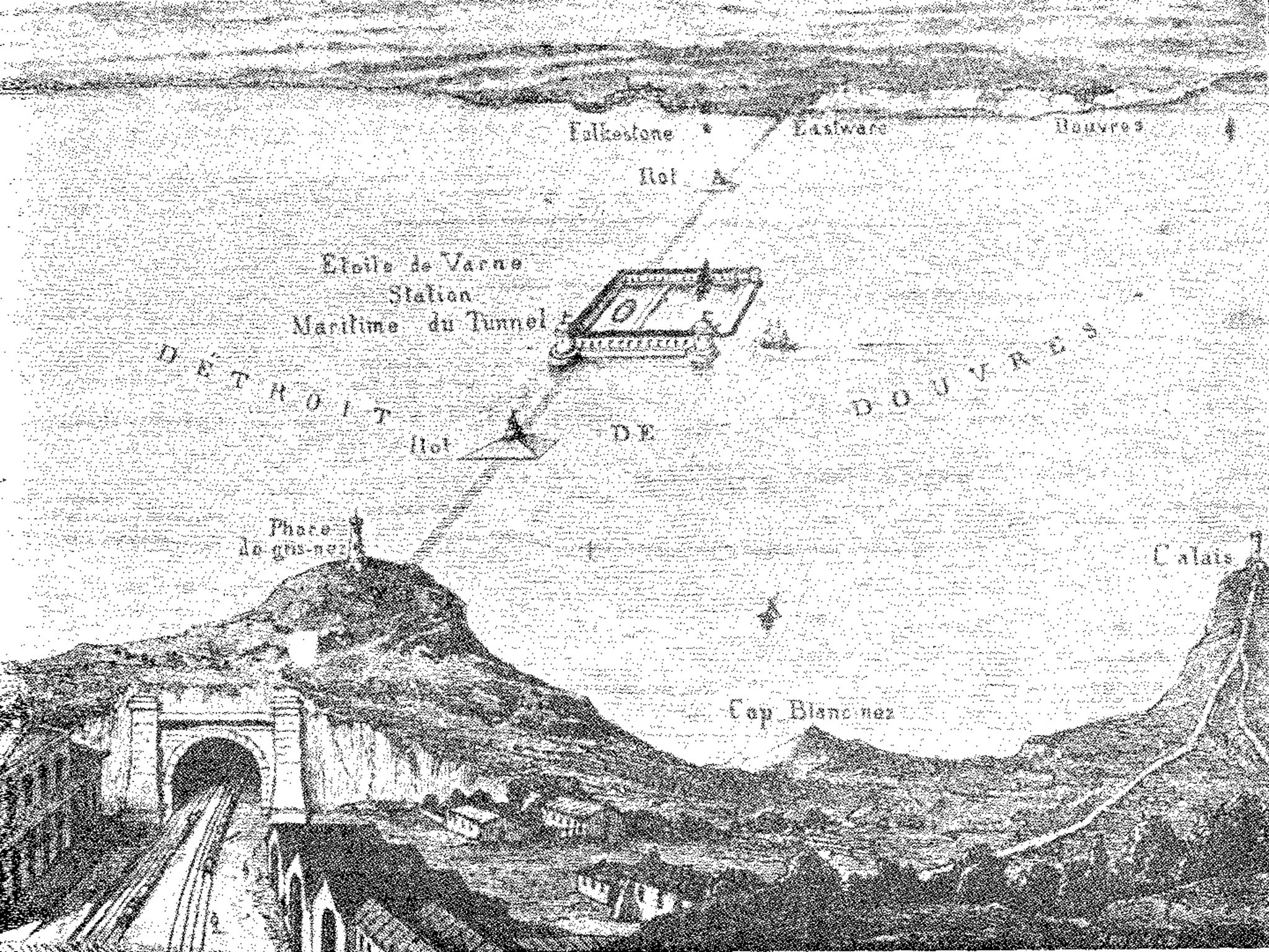 Thomé de Gamond's 1856 plan for a Channel tunnel, with a harbour mid-Channel on the Varne sandbank. The Frenchman presented seven design proposals, eventually persuading Queen Victoria, but not PM Lord Palmerston.