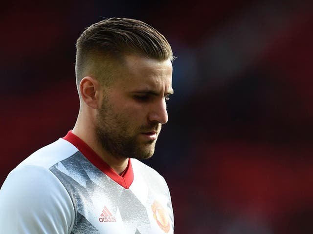 Luke Shaw is pictured during warm up ahead of the English Premier League football match between Manchester United and Bournemouth at Old Trafford