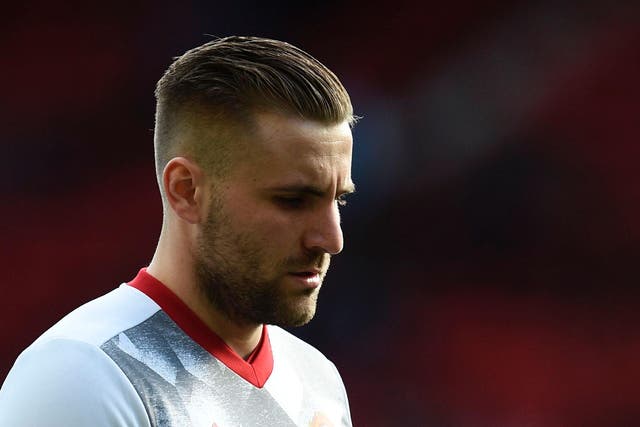 Luke Shaw is pictured during warm up ahead of the English Premier League football match between Manchester United and Bournemouth at Old Trafford
