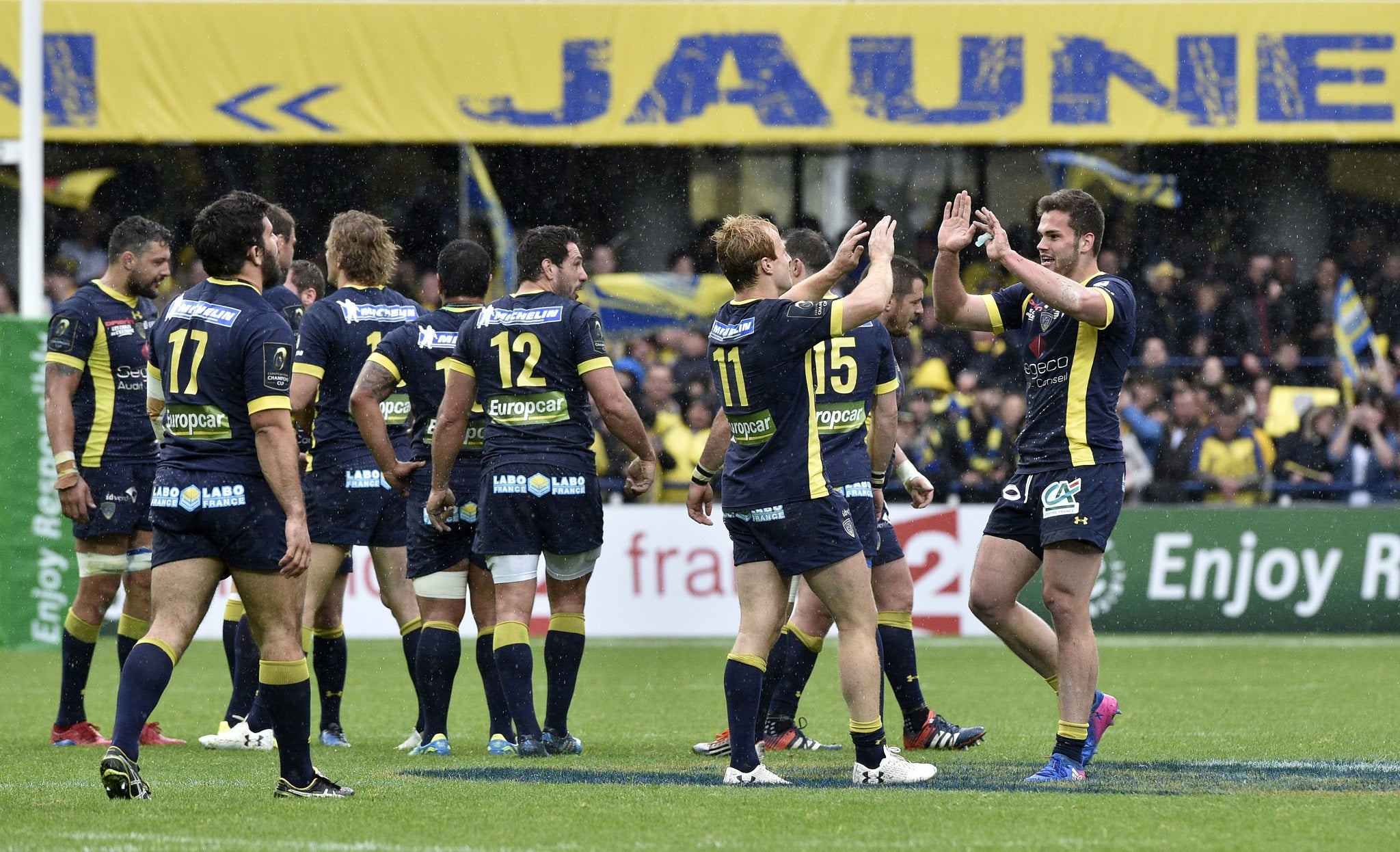 Clermont Auvergne players celebrate after their victory over Toulon