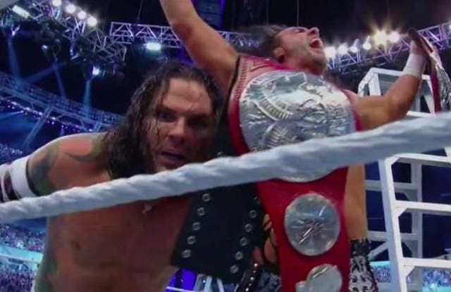 Jeff and Matt Hardy celebrate winning the raw Tag Team titles