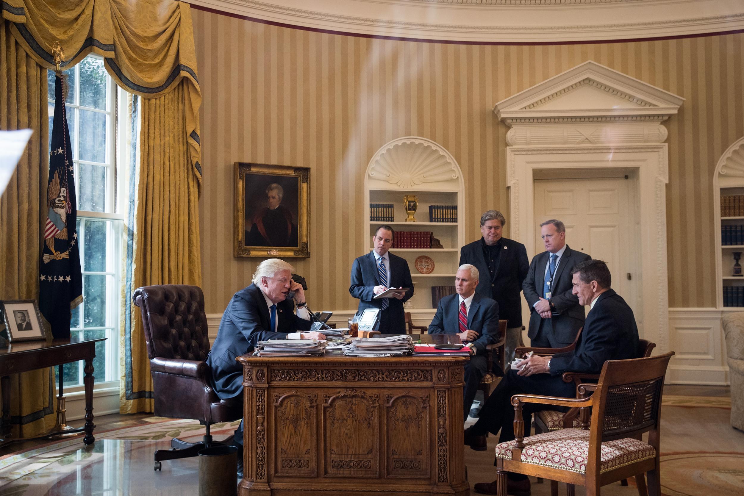 President Trump makes a phone call to Russian President Vladimir Putin from the Oval Office