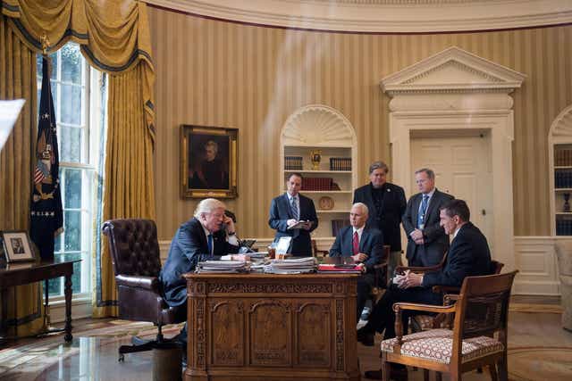 President Trump makes a phone call to Russian President Vladimir Putin from the Oval Office