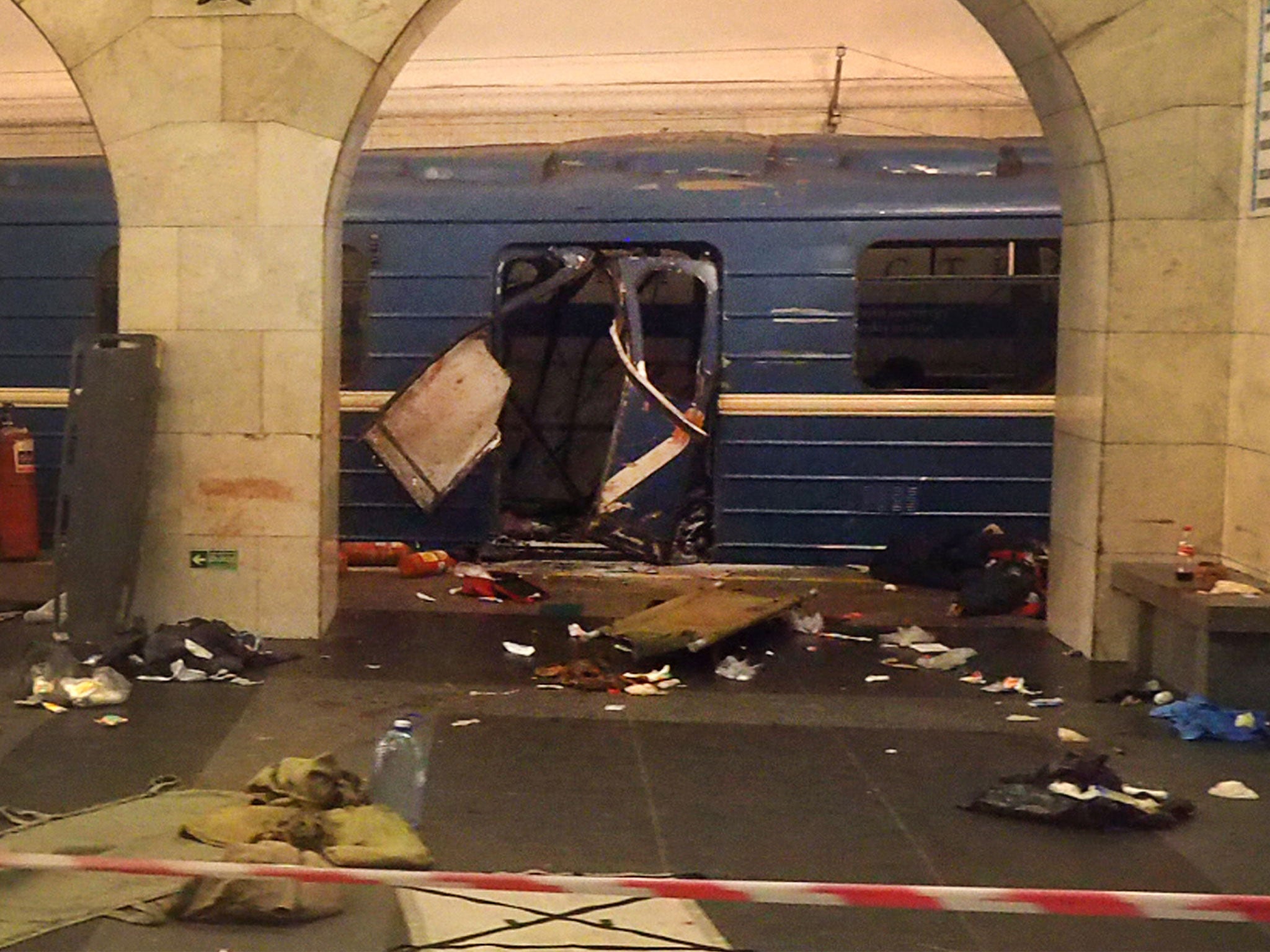 The damaged train carriage at Technological Institute metro station in Saint Petersburg after Monday's blast