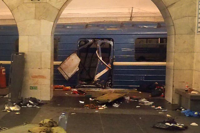 The damaged train carriage at Technological Institute metro station in Saint Petersburg after Monday’s blast