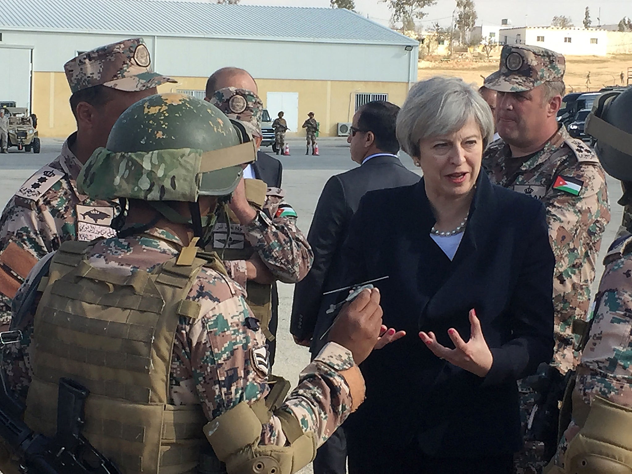 Theresa May speaks to troops in Amman, Jordan, last week. Her decision to back US military action in the Middle East is far more complex than the one taken by Tony Blair more than a decade earlier