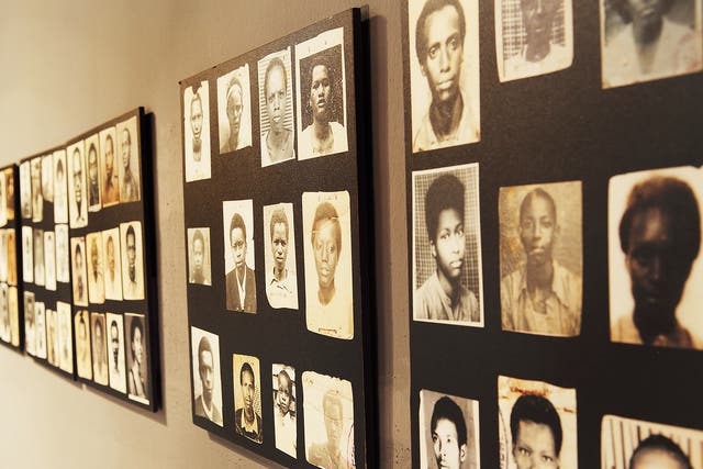 Photos of victims of the 1994 Rwanda Genocide on display at the Kigali Memorial Centre at Kigali, Rwanda