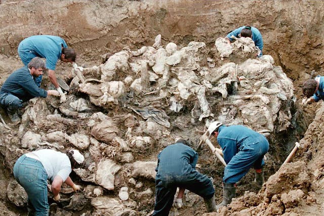 Investigators and forensic experts excavate a mass grave outside the Serb village of Pilica in September 1996. The remains were of Muslim men who had fled Srebrenica after the Bosnian enclave fell to Serbs in July 1995