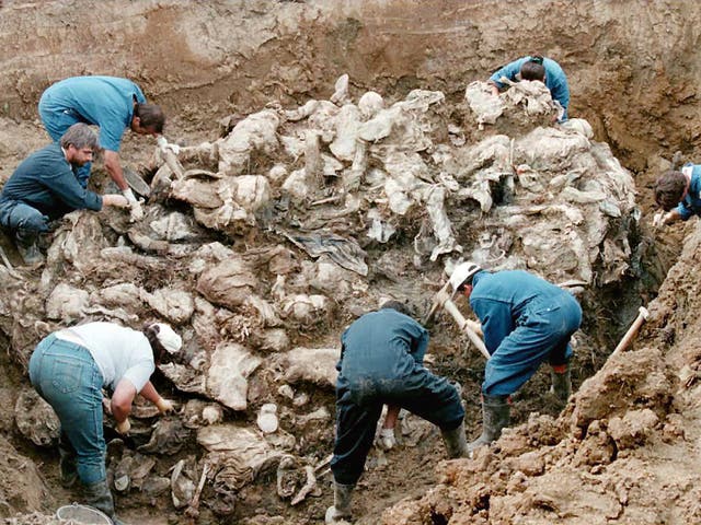 Investigators and forensic experts excavate a mass grave outside the Serb village of Pilica in September 1996. The remains were of Muslim men who had fled Srebrenica after the Bosnian enclave fell to Serbs in July 1995