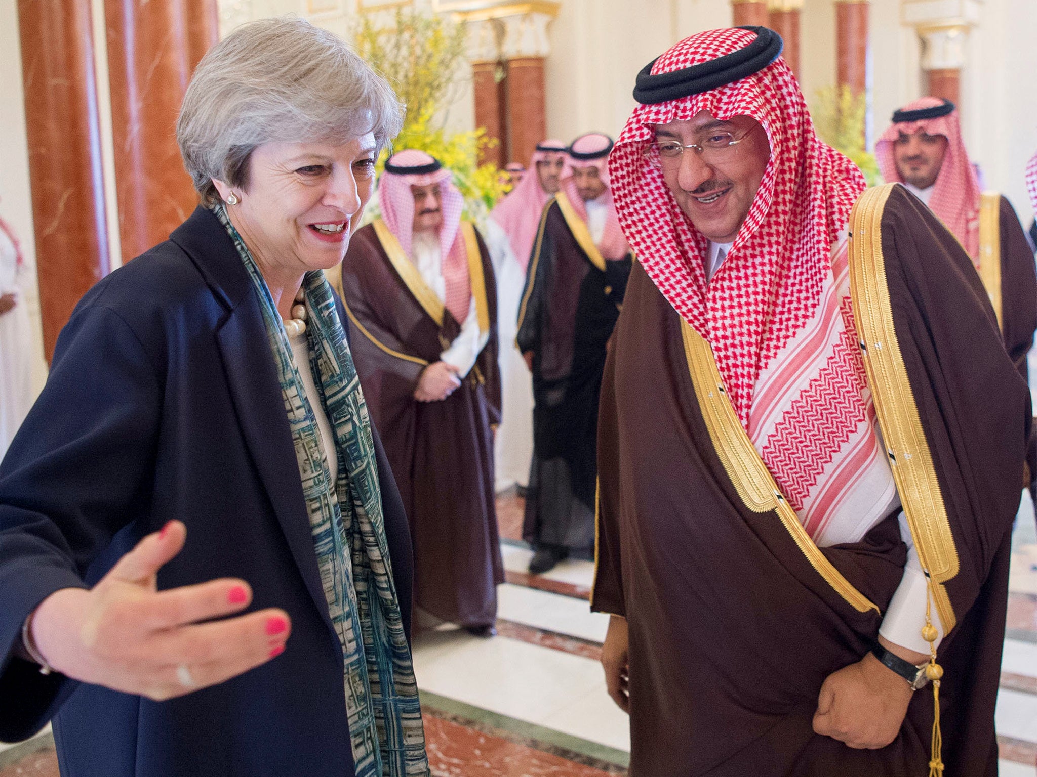 Saudi Arabian Crown Prince Muhammad bin Nayef welcomes British Prime Minister Theresa May in Riyadh, Saudi Arabia