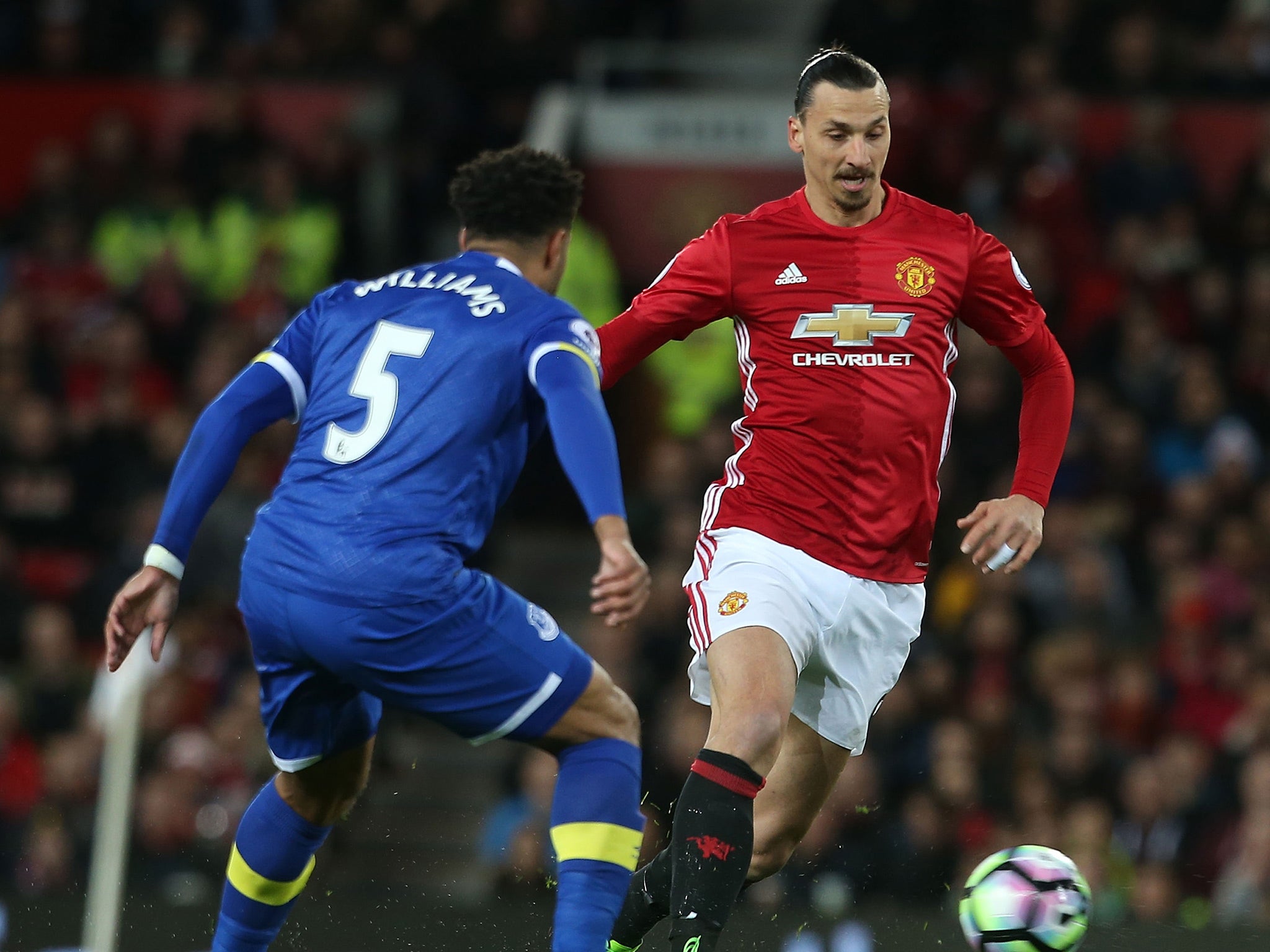 Zlatan Ibrahimovic carries the ball forward at Old Trafford