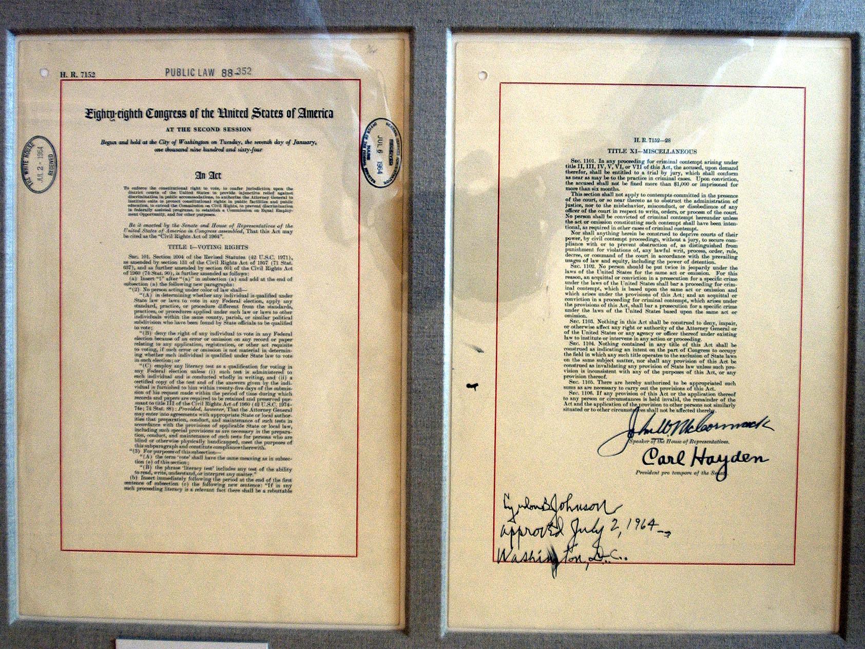 The actual Title VII of the Civil Rights Act of 1964 document on display in the East Room of the White House in Washington, DC