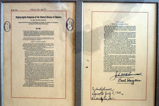 The actual Title VII of the Civil Rights Act of 1964 document on display in the East Room of the White House in Washington, DC