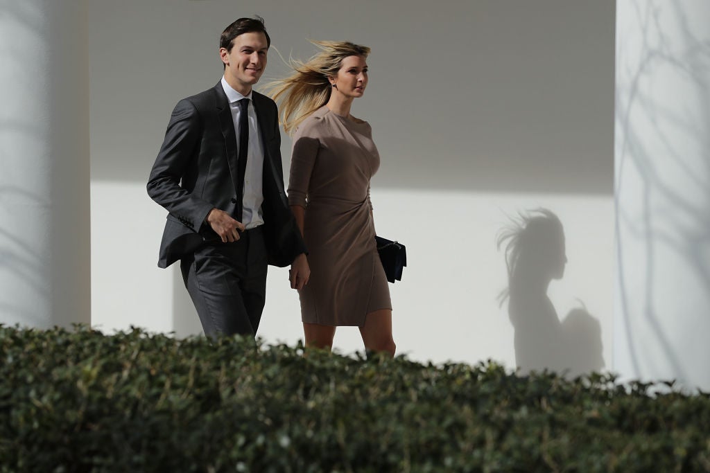 White House Senior Advisor to the President for Strategic Planning Jared Kushner (L) and his wife and President Donald Trump's daughter Ivanka Trump walk down the West Wing Colonnade following a bilateral meeting between Trump and Japanese Prime Minister Shinzo Abe February 10, 2017 in Washington, DC. Picture: