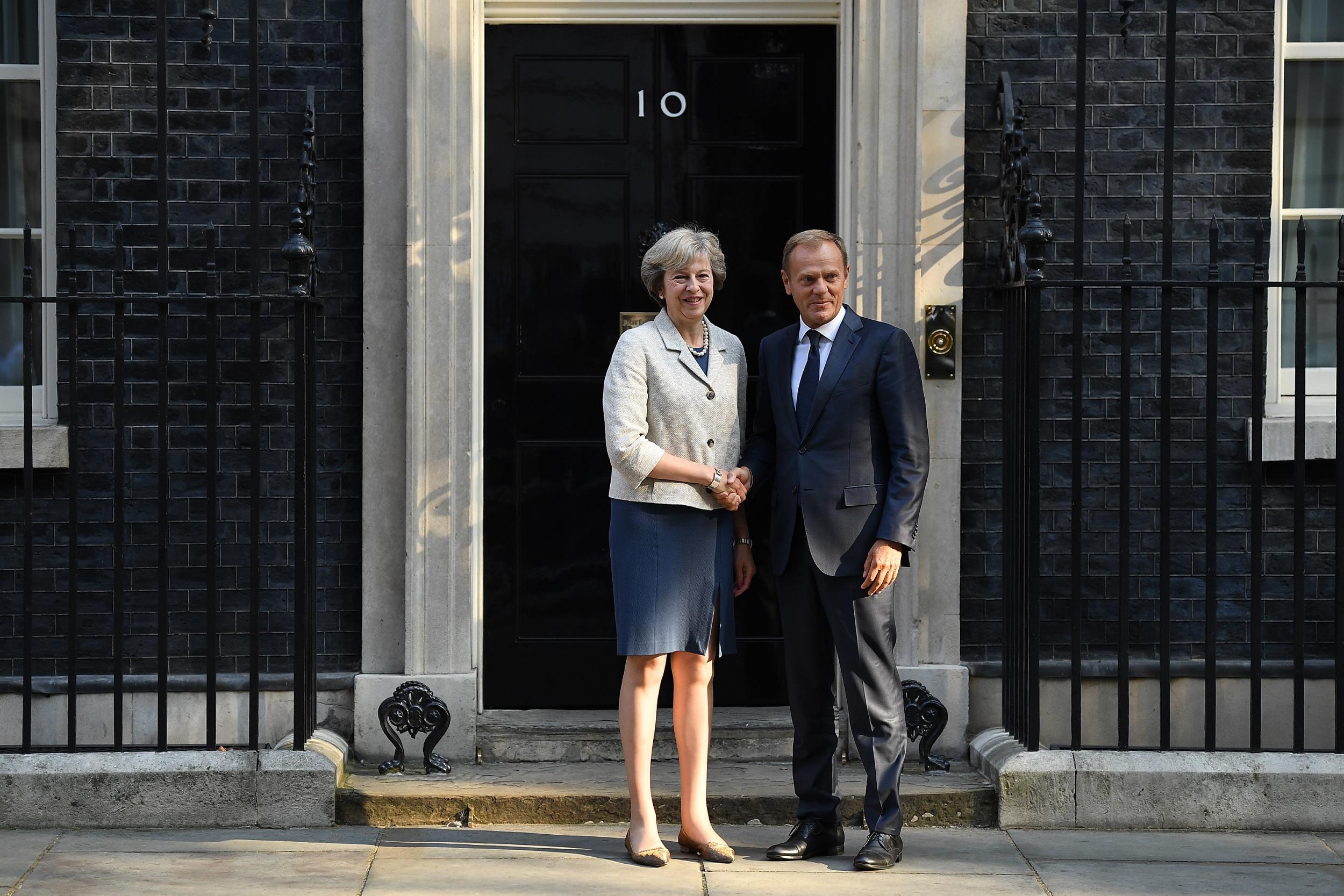 Theresa May greets Donald Tusk in Downing Street at a previous meeting in September last year