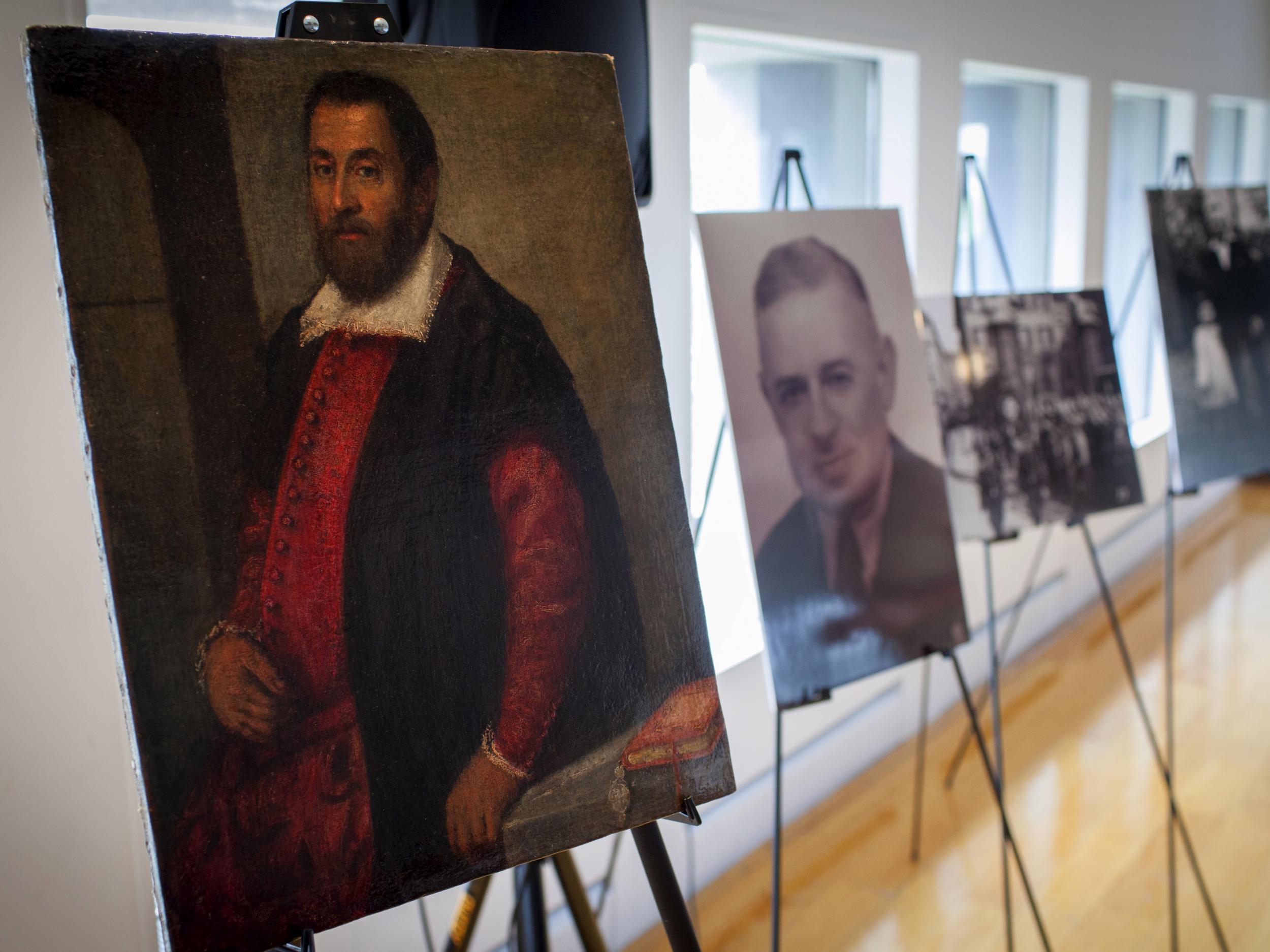 The 17th century painting 'Portrait of a Man', which belonged to German Holocaust victim Dr. August Liebmann Mayer, displayed at a ceremony at the Jewish Heritage Museum in New York