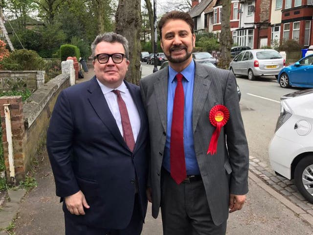 Afzal Khan (right) pictured Labour deputy leader Tom Watson on the campaign trail in Manchester Gorton on Thursday as news of the controversy first emerged