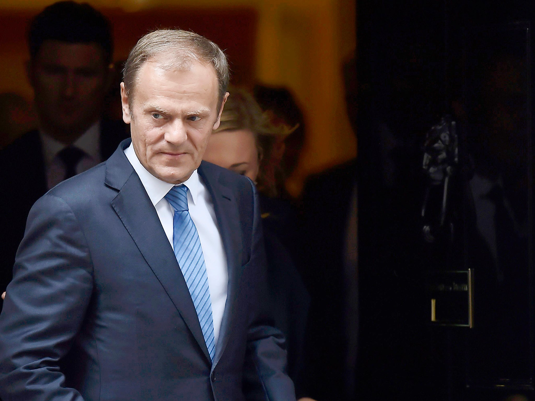 Donald Tusk, the President of the European Council, leaves after meeting Britain's Prime Minister, Theresa May inside 10 Downing Street