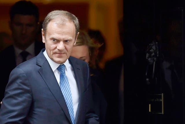 Donald Tusk, the President of the European Council, leaves after meeting Britain's Prime Minister, Theresa May inside 10 Downing Street