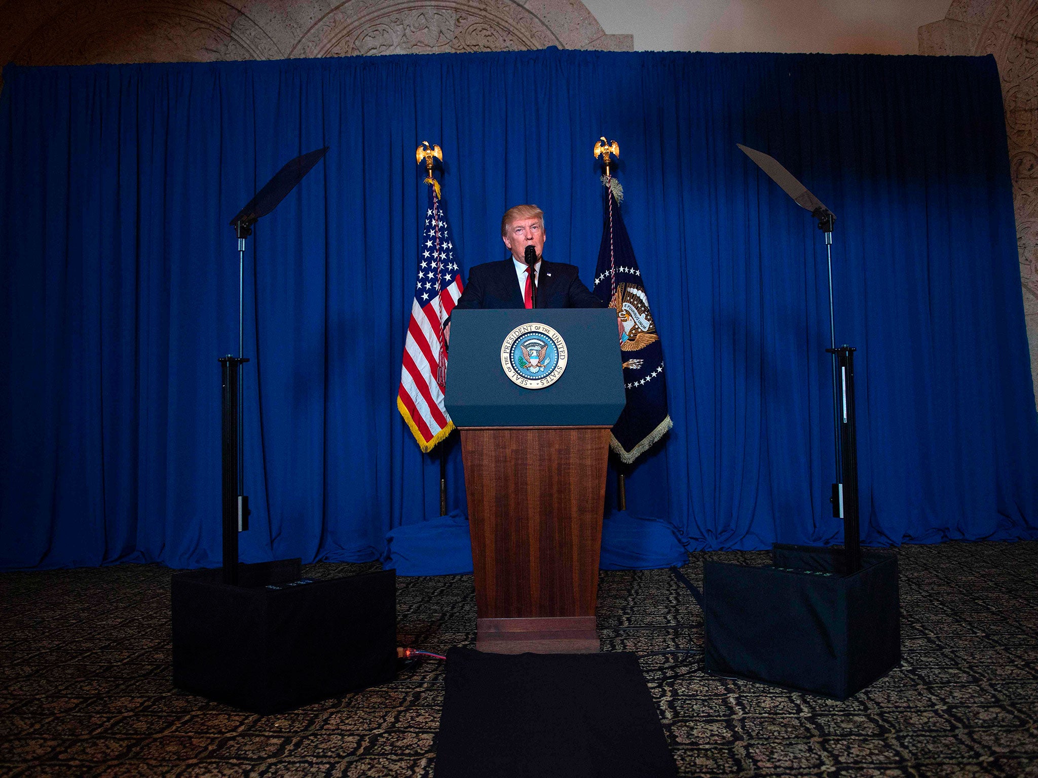 US President Donald Trump delivers a statement on Syria from the Mar-a-Lago estate in West Palm Beach, Florida