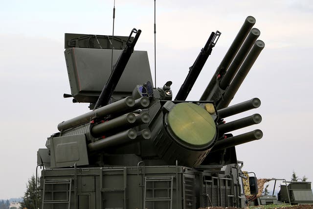 A Russian Pantsir-S1 anti-aircraft defence system at the Russian Hmeimim military base in Latakia province, in the northwest of Syria