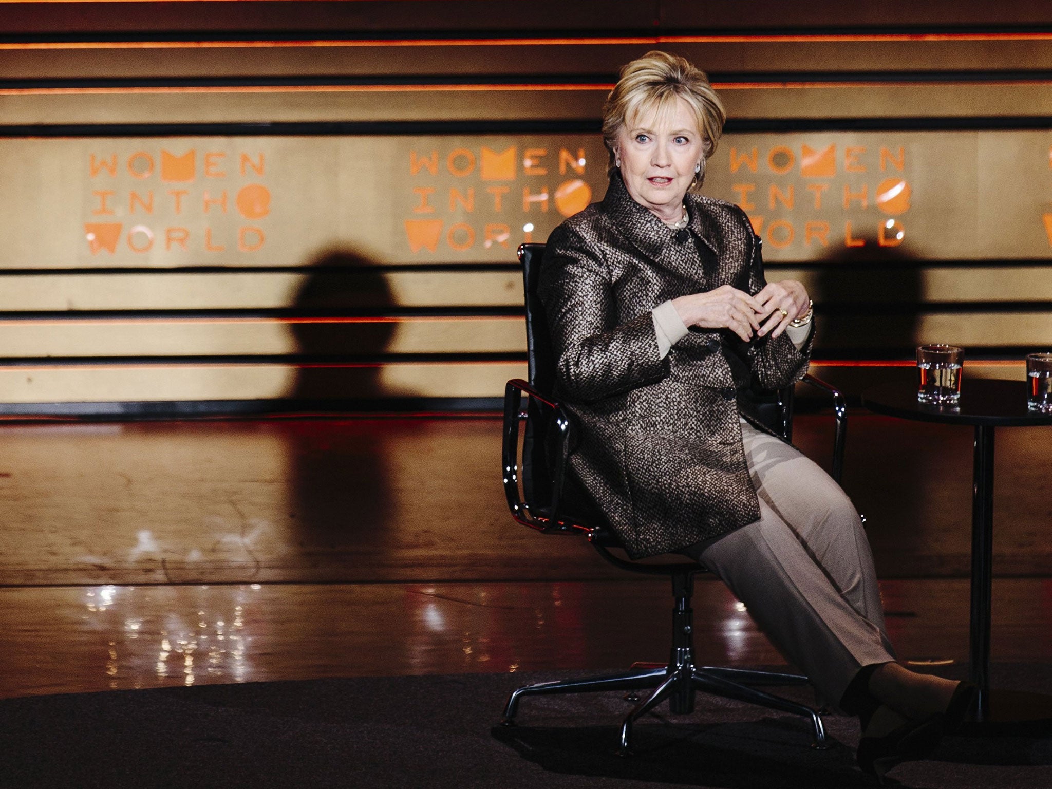 Clinton participates in a conversation with US journalist Nicholas Kristof (not pictured) during a session of the Women in the World Summit in New York