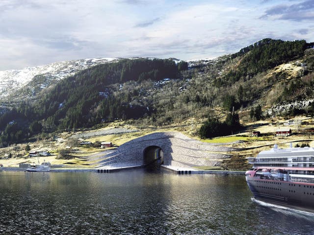 A computer-rendered image of a ferry approaching the entrance of the proposed tunnel