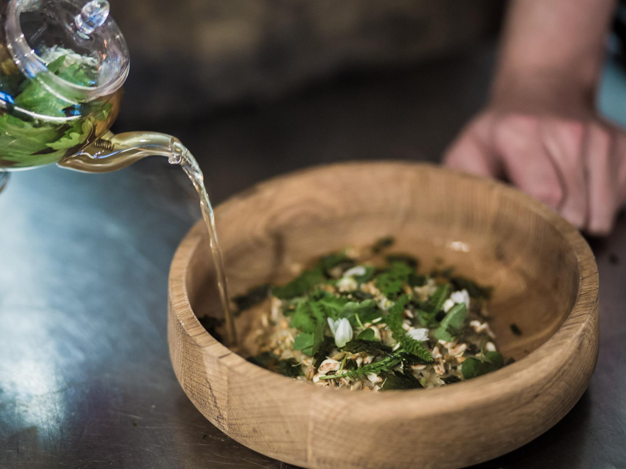 Hunt's food philosophy, root-to-fruit eating, involves 'eating the whole ingredient, connecting with its origin and wasting nothing'. As part of his take on Barber's rotation risotto at WastED, he used celeriac 'roots, skin, flesh, stems and leaves' (Miles Willis)