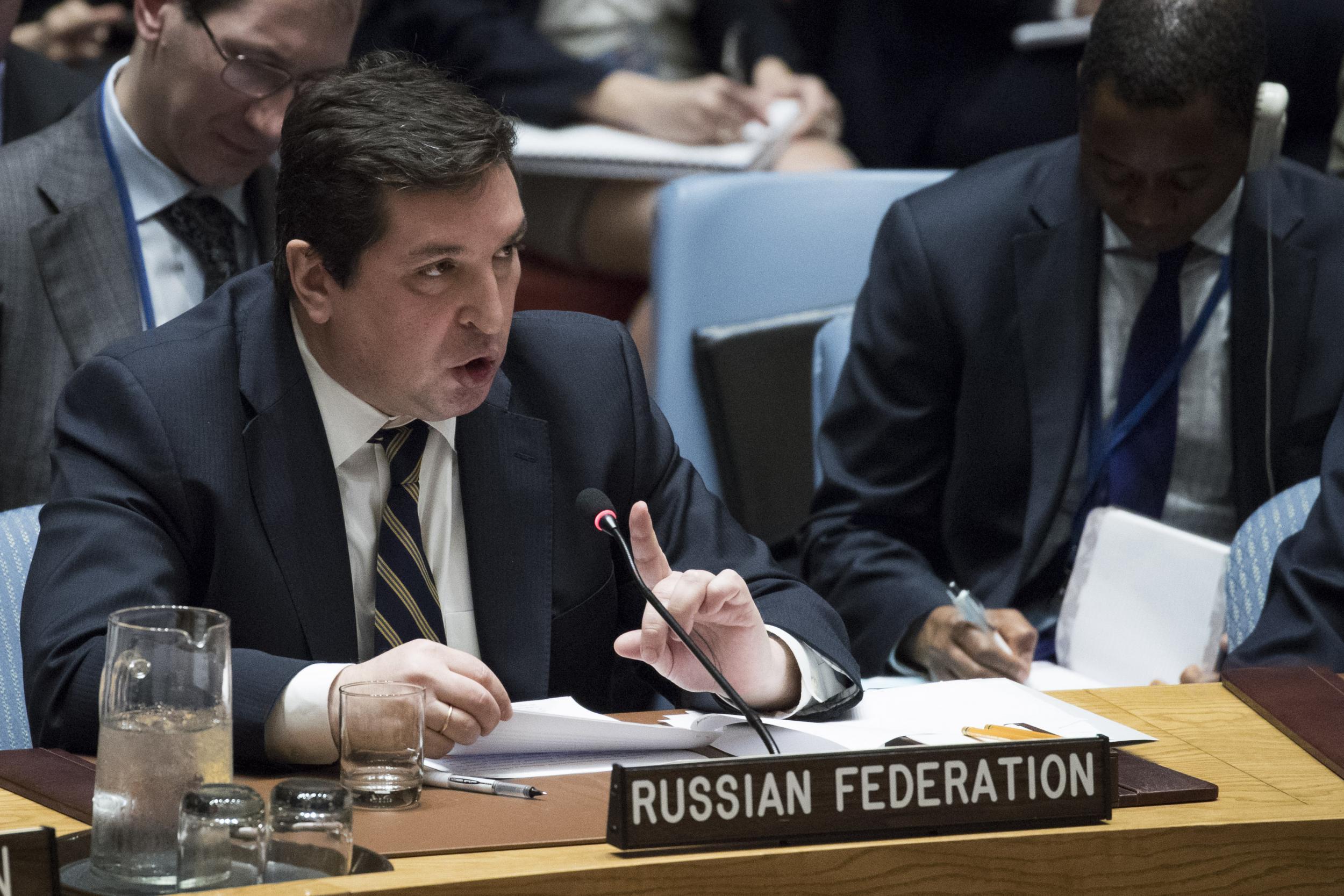 Russian deputy envoy to the UN Vladimir Safronkov addresses the UN Security Council on Syria