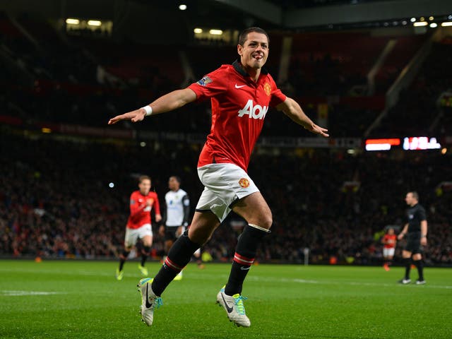 Hernandez celebrates scoring for United during a League Cup clash with Norwich in 2013