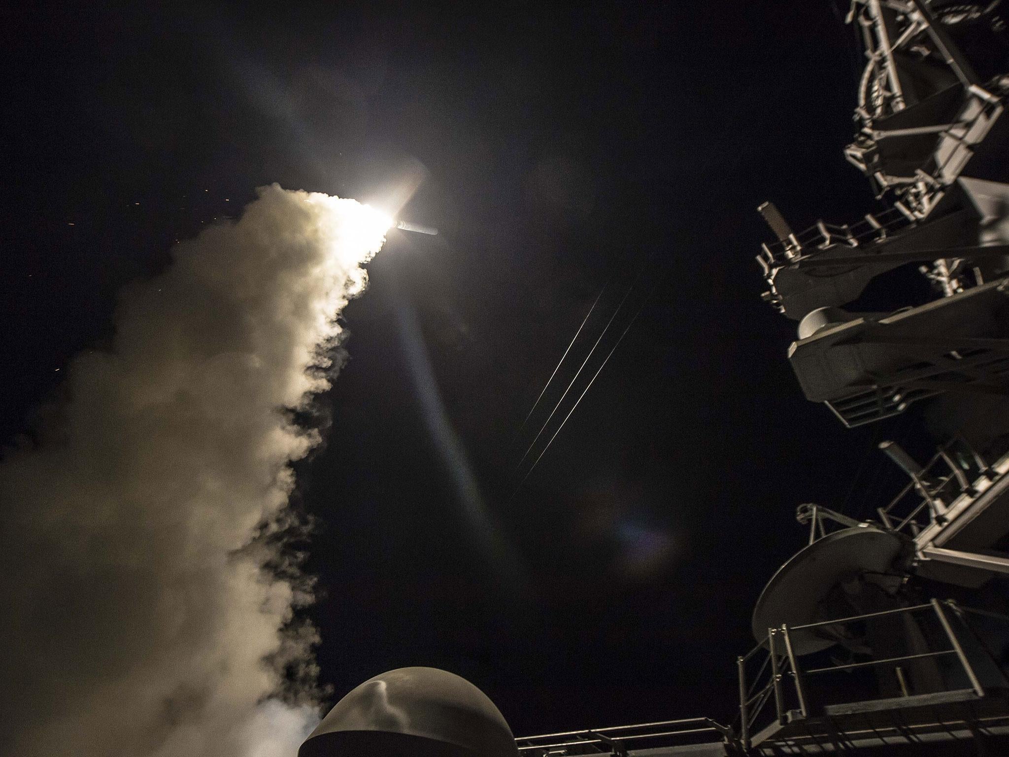 Dozens of Tomahawk cruise missiles were launched from two US Navy ships in the Mediterranean