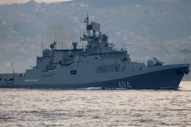 The Russian Navy’s frigate Admiral Grigorovich sails along Istanbul’s Bosphorus on its way to the Mediterranean Sea, on April 7, 2017