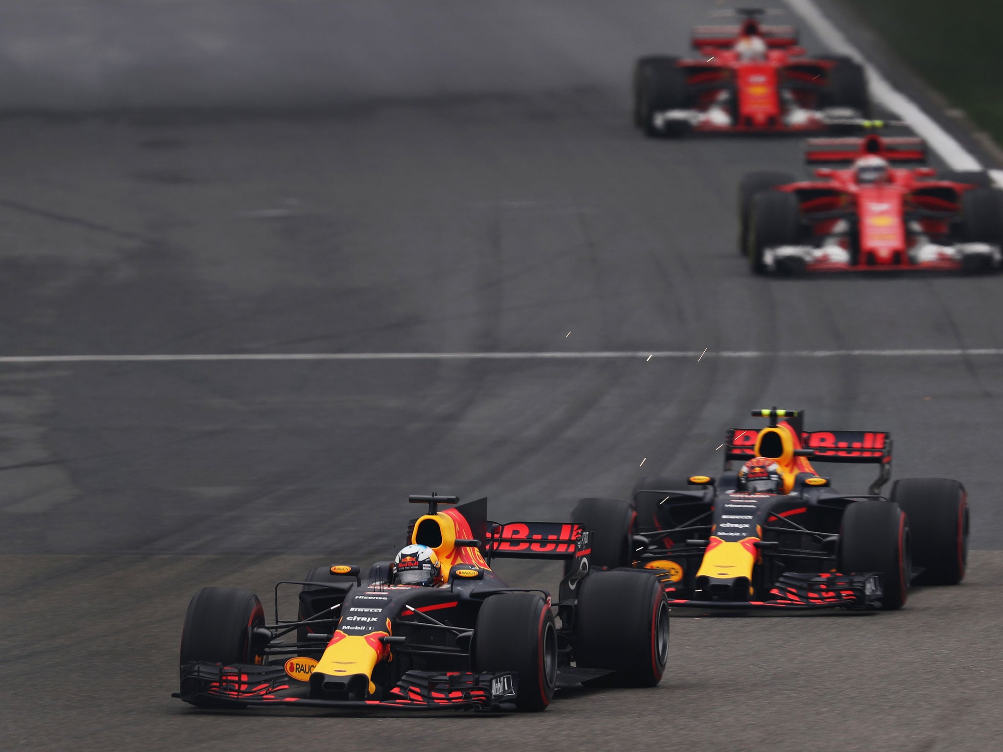Max Verstappen was able to hold off Daniel Ricciardo in a late intra-Red Bull challenge