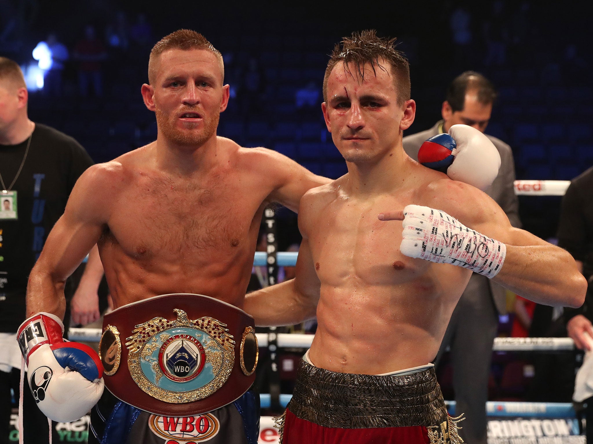 Terry Flanagan celebrates beating Petr Petrov to retain his WBO lightweight title