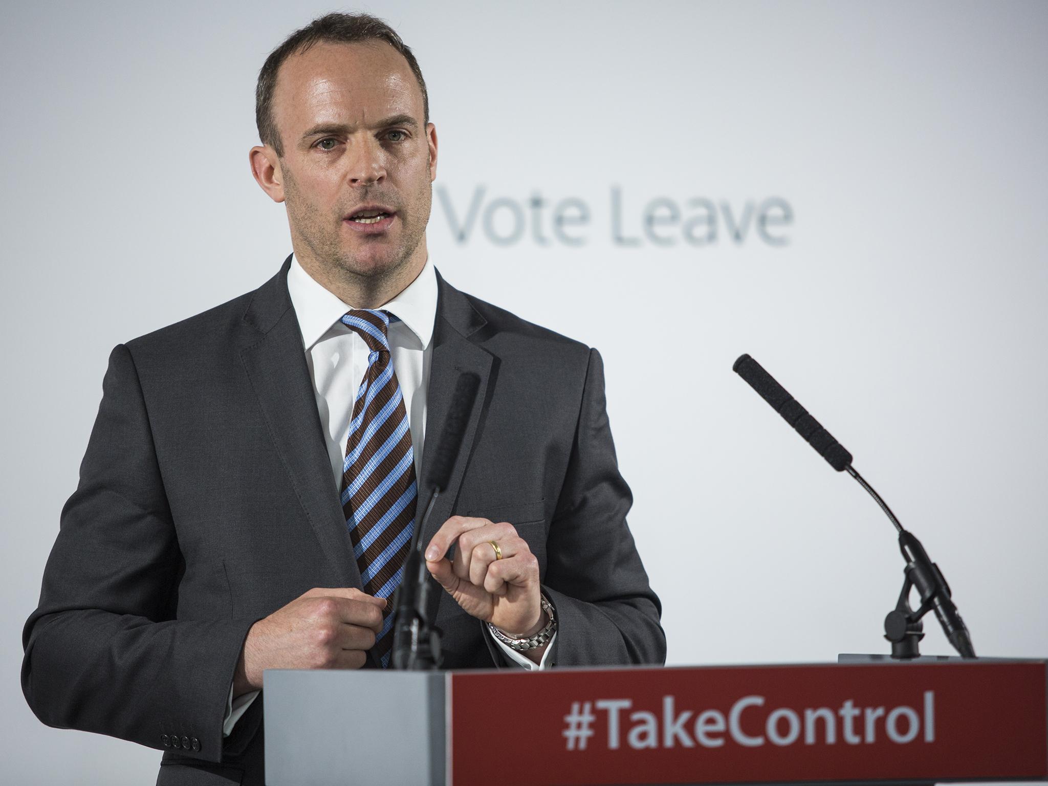 Dominic Raab during the EU referendum. He is consulting lawyers over claims made against him.