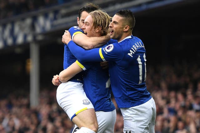 Tom Davies celebrates after opening the scoring for Everton after just 30 seconds