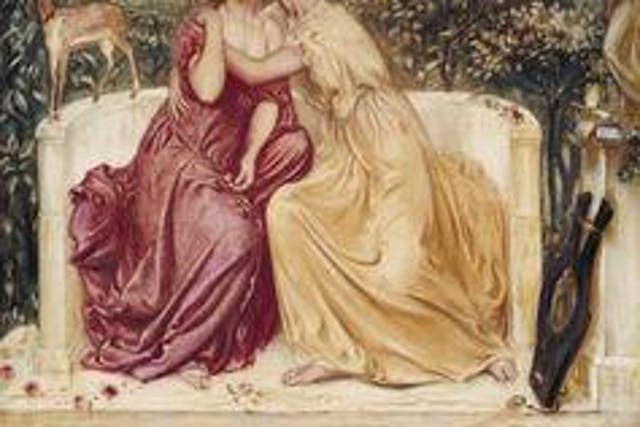 <p>Sappho embraces her fellow poet Erinna in a garden at Mytilene, on the island of Lesbos</p>