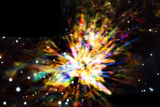 Composite image of the OMC-1 cloud in Orion showing the sometimes explosive nature of star birth, when several young stars were ejected from the region. The colors in the ALMA data represent the relative Doppler shifting of the millimeter-wavelength light emitted by carbon monoxide gas. The ALMA image is combined with a near infrared image from the Gemini South telescope showing shock waves produced by the explosion