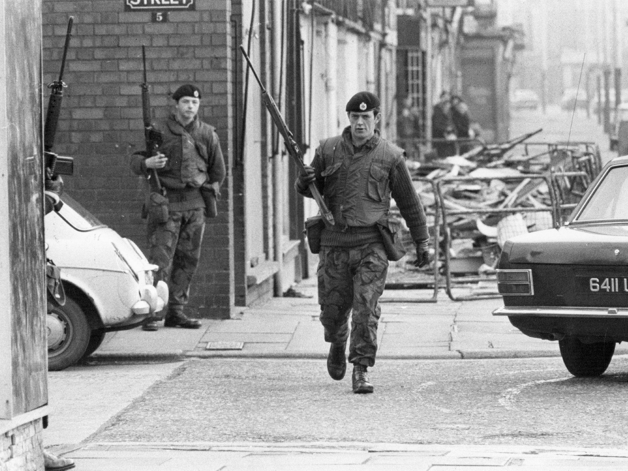 Armed British soldiers patrolling the streets of Belfast during the Official IRA's unconditional ceasefire in 1972