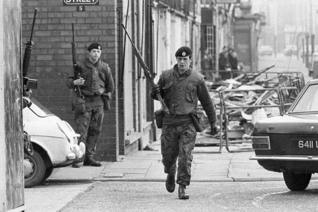 Armed British soldiers patrolling the streets of Belfast during the Official IRA's unconditional ceasefire in 1972