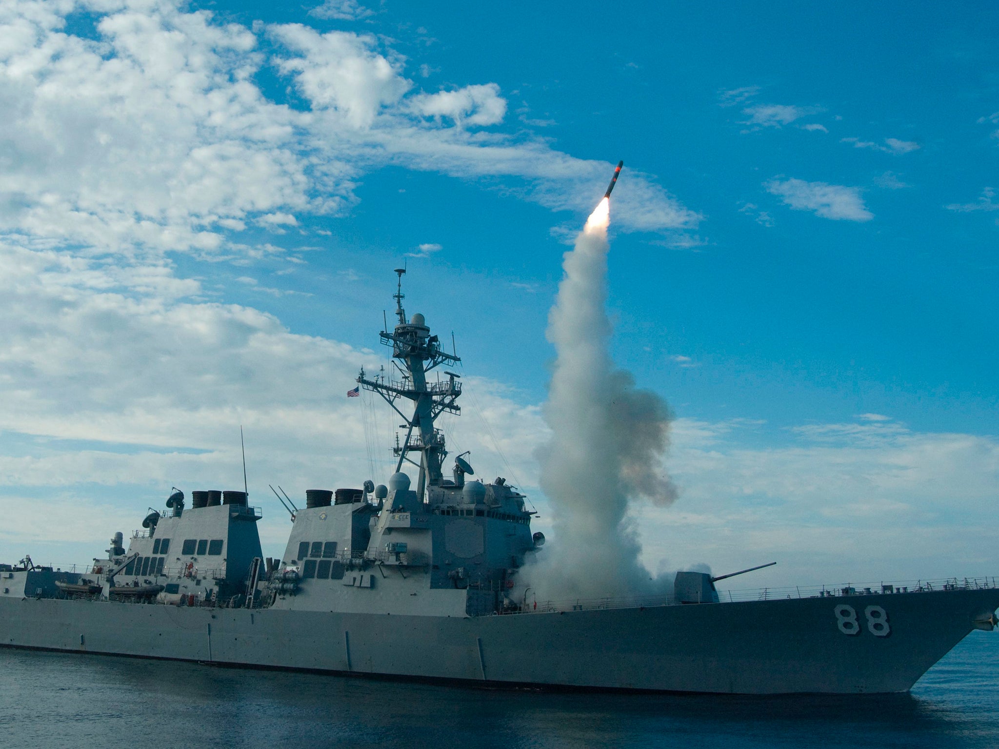 A US destroyer launches a Tomahawk missile. The US Navy launched 59 such missiles in a military strike against Syria last week