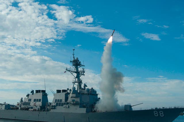 A US destroyer launches a Tomahawk missile. The US Navy launched 59 such missiles in a military strike against Syria last week