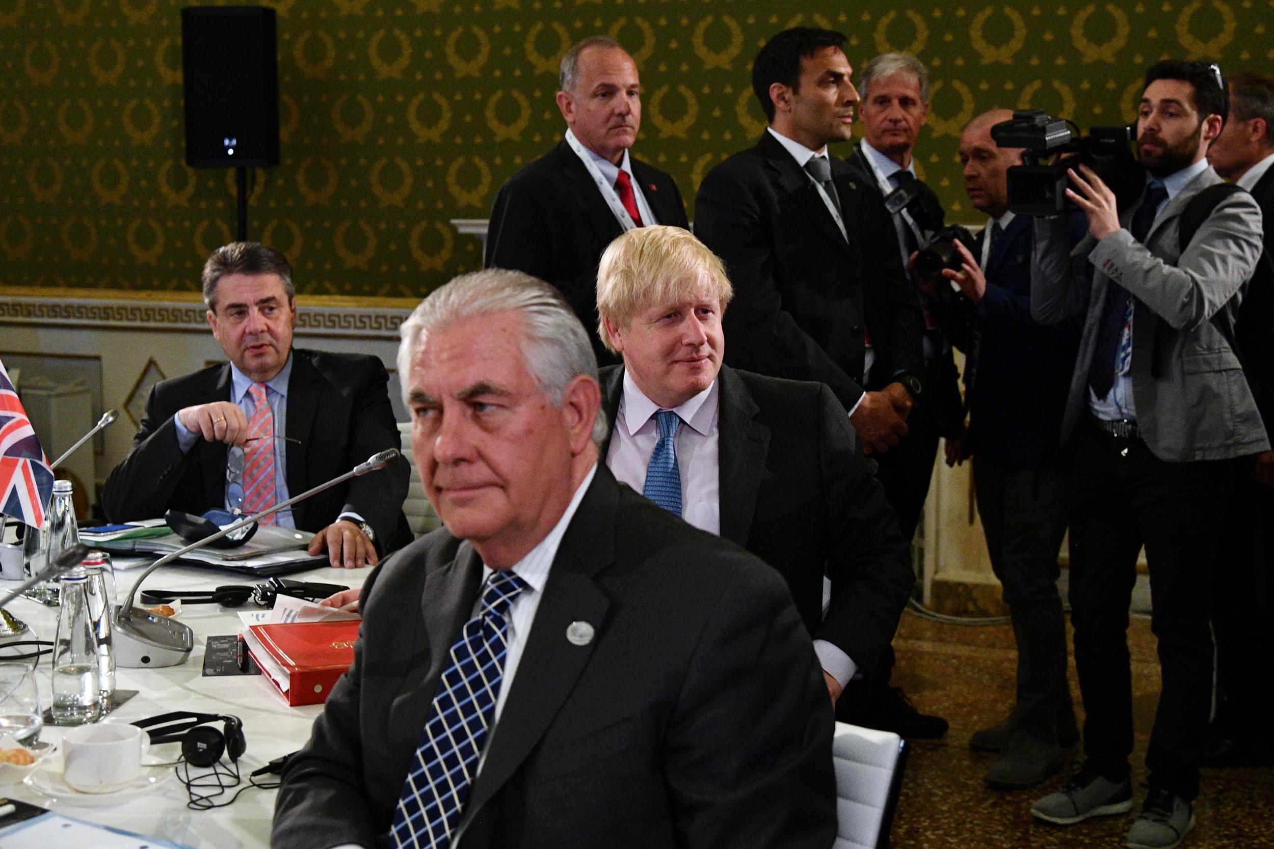 Boris Johnson with his German and American counterparts on the second day of a meeting of G7 foreign ministers