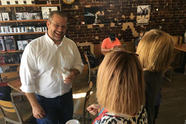 James Thompson, the Democratic candidate in Kansas’s 4th Congressional District, campaigns in a Wichita coffee shop